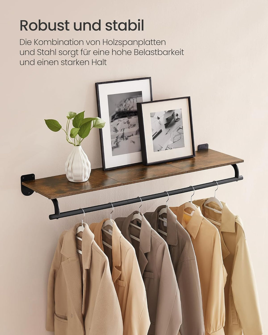 SONGMICS Wandgarderobe, Garderobe, Wandregal mit Kleiderstange, Gesamtbelastbarkeit 35 kg, 28 x 109