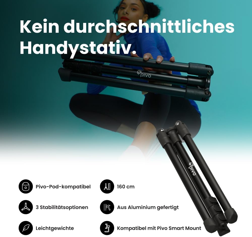 Pivo Stativ für Smartphone, Kamera, Flexibel, 160 cm mit universellem 1/4-Zoll-Gewinde und 3 Höhen f