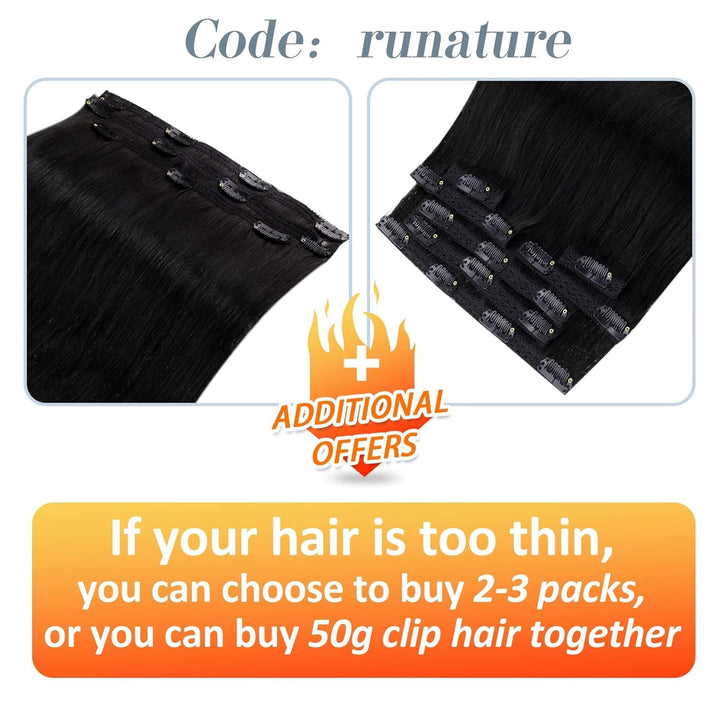 RUNATURE Echthaar Extensions Clip in Aus Schwarz 35cm Haarverlangerung Echthaar Clip in Glatt Haar E