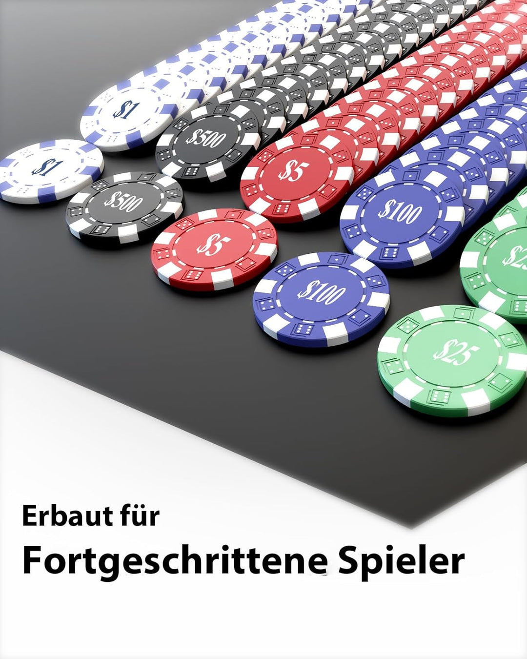 Pokerchips Set 600 Stück mit Zahlen, Aluminiumkoffer, 11,5g Eisenkern Chips, 2 Spielkarten, 5 Wertst