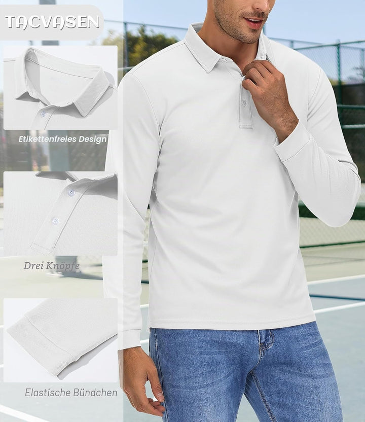 TACVASEN Herren Poloshirt Langarm Golf Polo Schnelltrocknend Funktionsshirts Leicht T-Shirts mit 3-K
