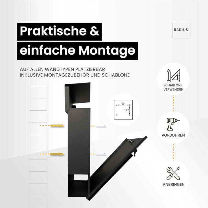 Radius Designer Briefkasten Edelstahl – Letterman 6 Basic – Edelstahl V2A Wandbriefkasten mit Zeitun