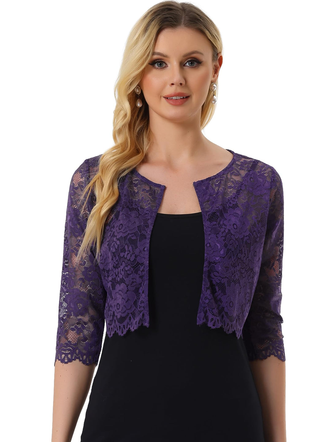 Allegra K Damen Brautjacke Spitzen Bolero Festlich Kurz 3/4 Ärmel Durchsichtig Blumen Spitze Shrug C