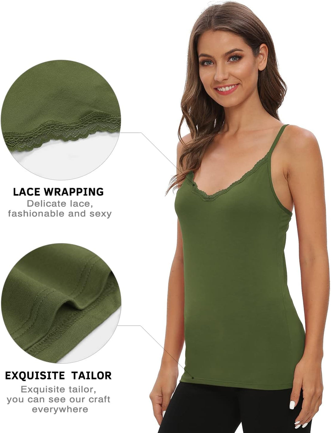 Damen Tanktop mit Spitzen Unterhemd Spaghettiträger Basic Top V-Ausschnitt Verstellbare Trägertop 4e