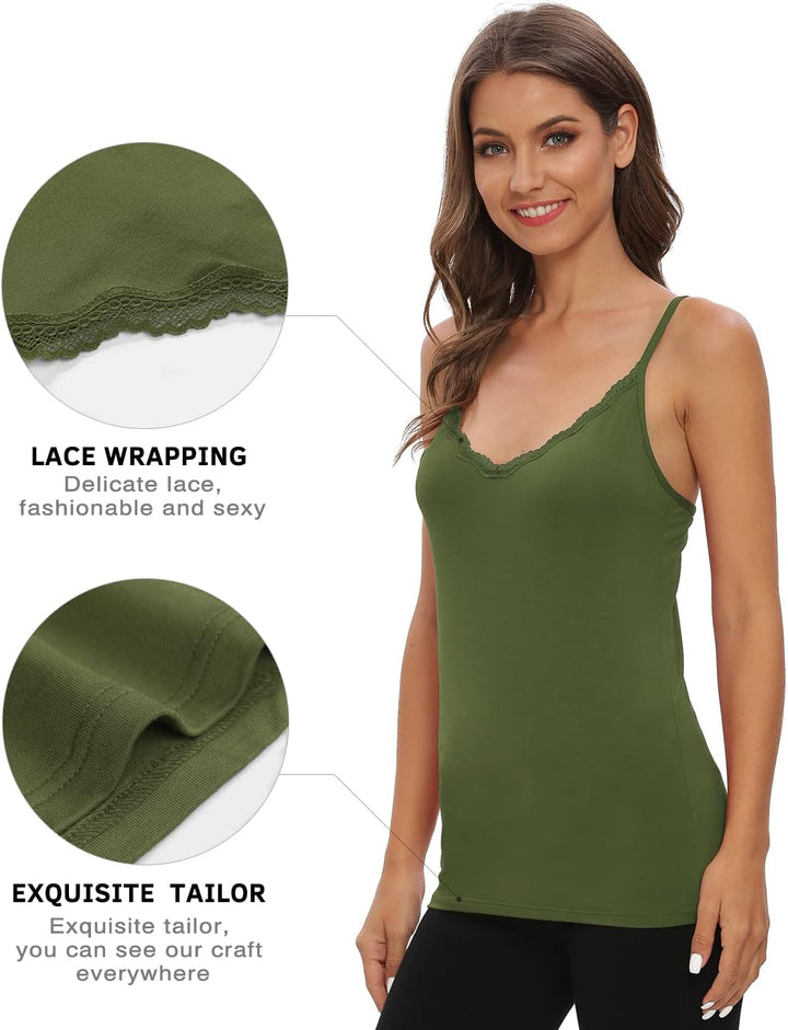 Damen Tanktop mit Spitzen Unterhemd Spaghettiträger Basic Top V-Ausschnitt Verstellbare Trägertop 4e