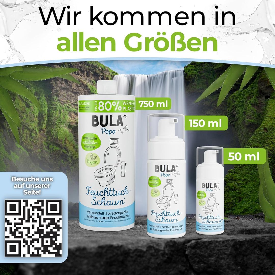 BULA® Popo Home Bundle | Feuchttuch-Schaum 150ml Flasche + Blumen-Schaumpumpe inkl. Edelstahl Halter