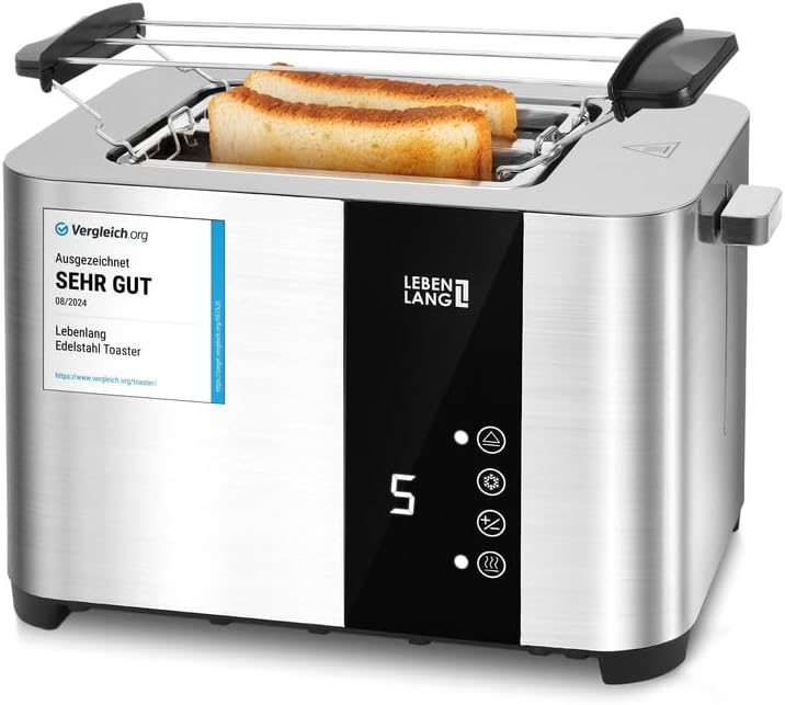 LEBENLANG Edelstahl Toaster mit Brötchenaufsatz 2 Scheiben - Touchscreen LED Display & 7 Stufen I 85