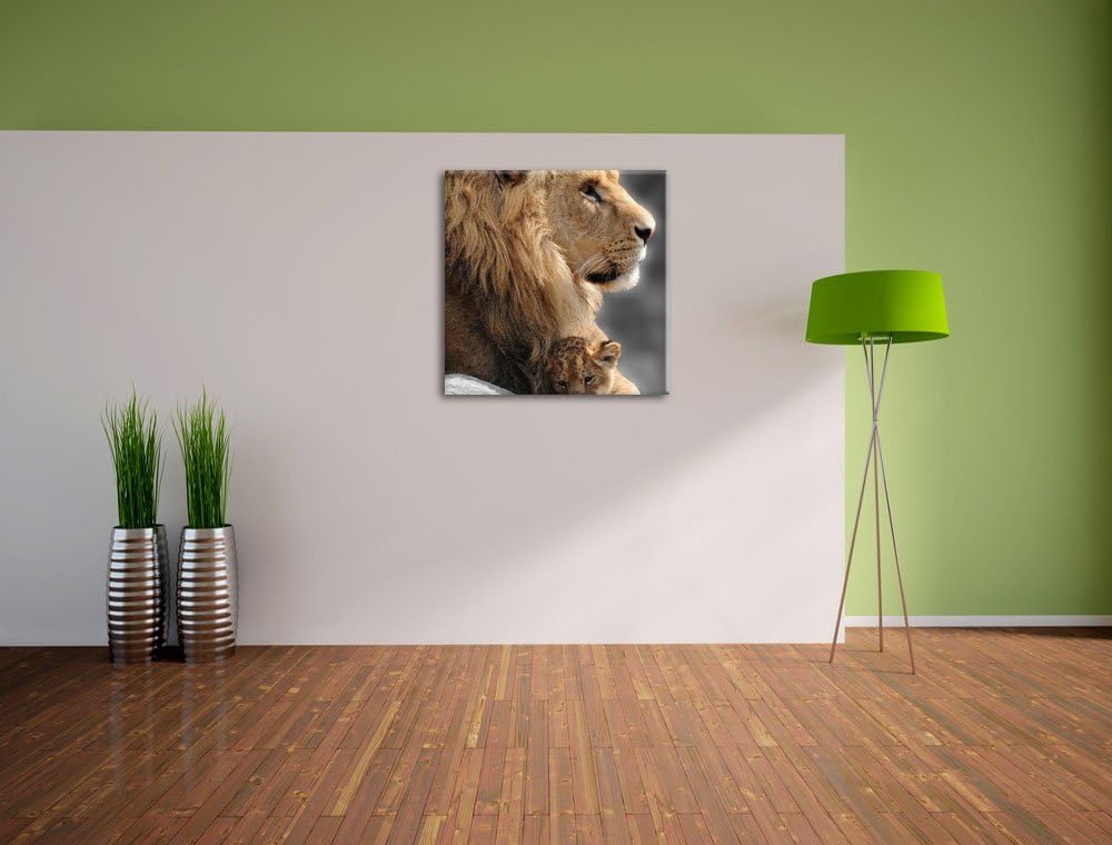 Pixxprint Löwe mit Löwenbaby / 70x70cm Leinwandbild bespannt auf Holzrahmen/Wandbild Kunstdruck Deko