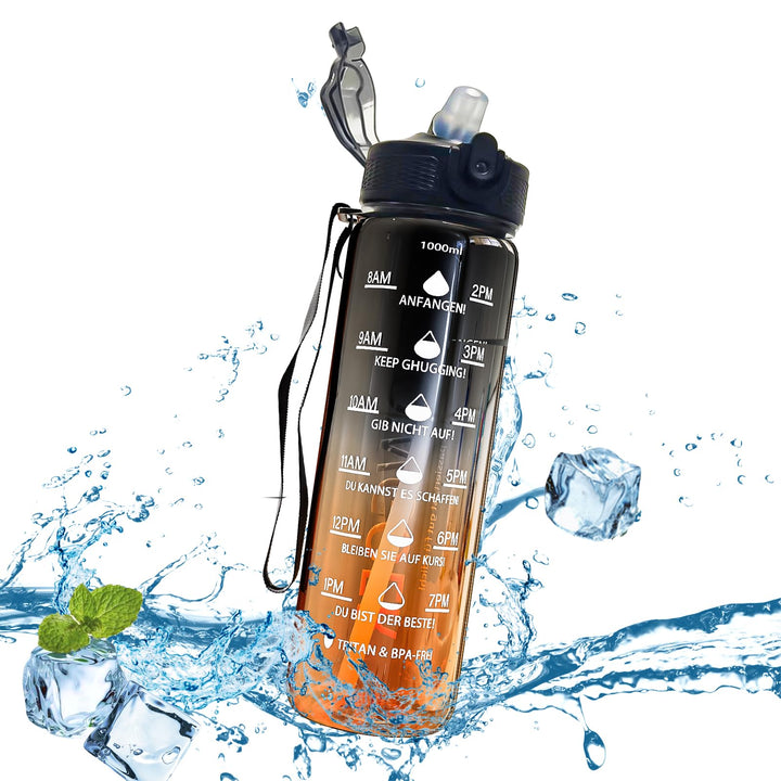 Deutsch Trinkflasche, Trinkflasche 1L mit Strohhalm und motivierender Zeitmarkierung, Tritan BPA fre