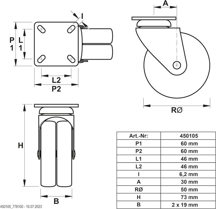 Dörner + Helmer Set Strandkorbrollen Doppelrollen 50 mm (2x Lenkrolle + 2x Lenkrolle mit Totalfestst