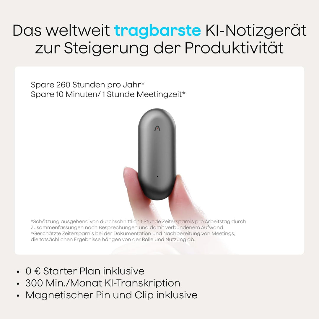 Plaud NotePin Sprachrekorder, KI-Sprachrekorder, App-Steuerung, KI-Notizgerät, KI-Transkription & Zu