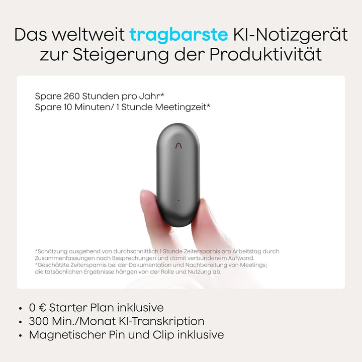 Plaud NotePin Sprachrekorder, KI-Sprachrekorder, App-Steuerung, KI-Notizgerät, KI-Transkription & Zu