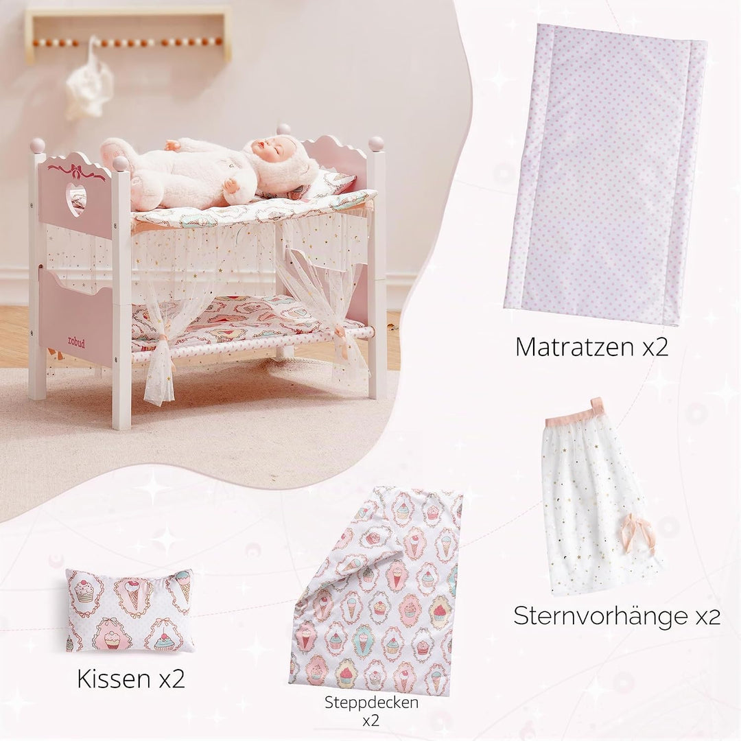 ROBUD Holzpuppen-Etagenbett, 2-in-1-Convertible Puppenbett mit Bettwäsche, Baldachin Vorhänge &amp; Herz