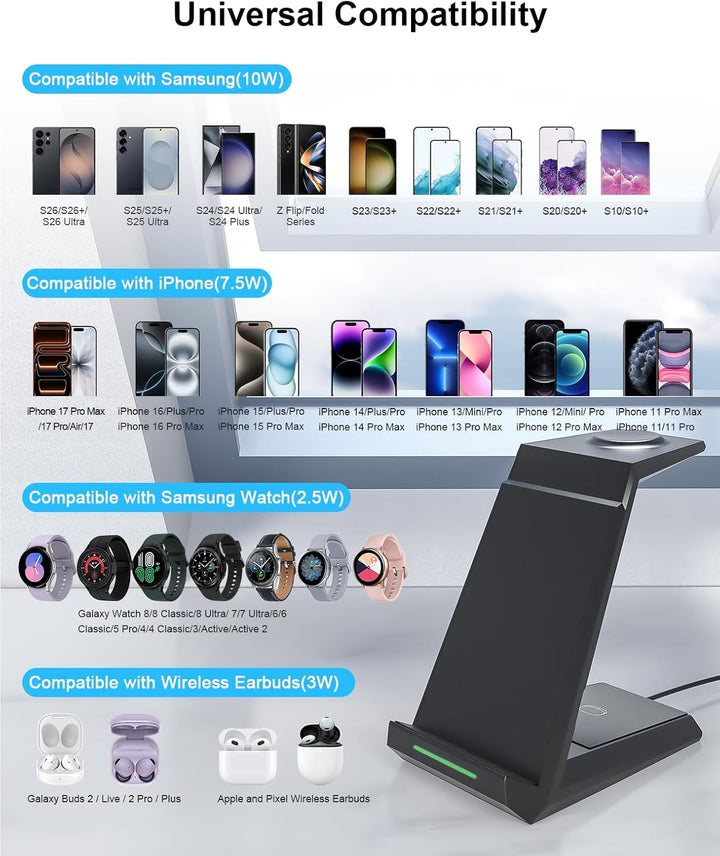 NANAMI Induktive Ladestation für Samsung Wireless Charger 3 in 1 Ladestation Kompatibel für Galaxy W