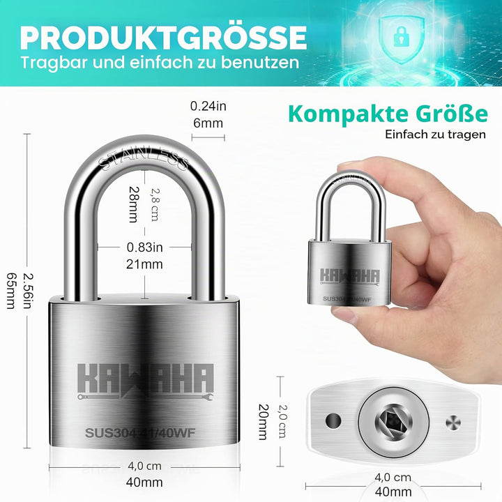 41/40-2PS Hochsicherheits-Vorhängeschloss aus Edelstahl mit Edelstahlschlüssel für den Innen- und Au