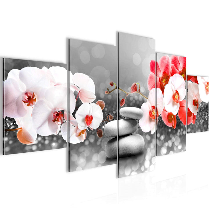 Runa Art Wandbilder Blumen Orchidee 5 Teilig Bild auf Vlies Leinwand Deko Wohnzimmer Zen Rot Grau 03