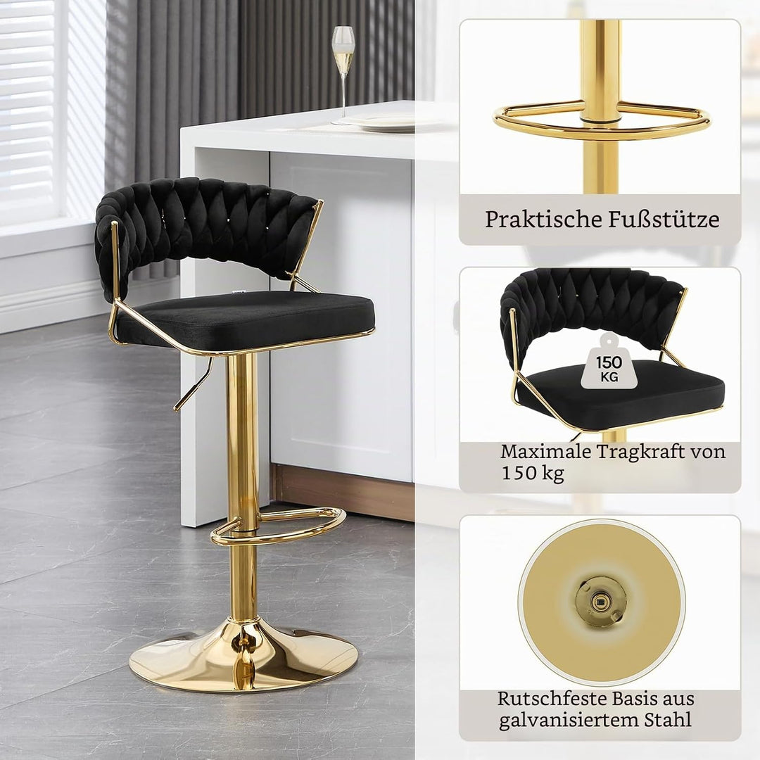 WOLTU Barhocker 2er Set, mit geflochtener Rückenlehne, Samthocker, Schwarz | Barstuhl 360° drehbar,