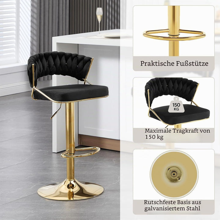 WOLTU Barhocker 2er Set, mit geflochtener Rückenlehne, Samthocker, Schwarz | Barstuhl 360° drehbar,