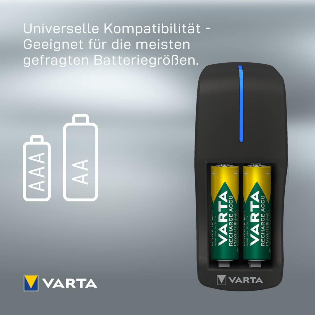 VARTA Akku Ladegerät, inkl. 2X AA 2100mAh, Batterieladegerät für wiederaufladbare Batterien, lädt 2