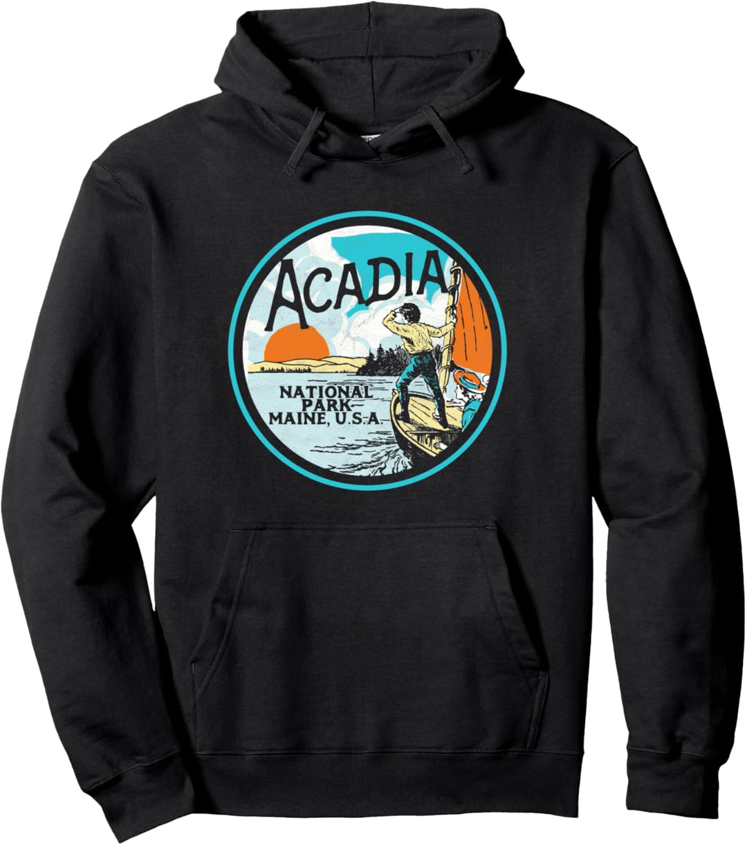 Acadia National Park Retro Maine Vintage Illustrated Sailing Pullover Hoodie