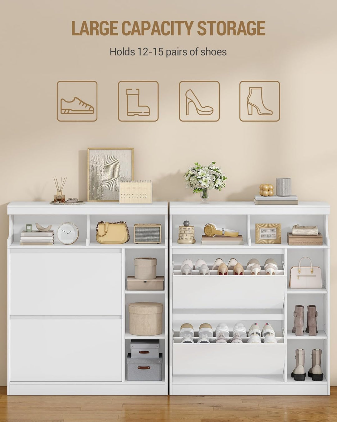 Hzuaneri Schuhschrank mit 2 Klappen, Schmal Schuhschrank mit 3 Ablagefächer, Trennwand Verstellbar,