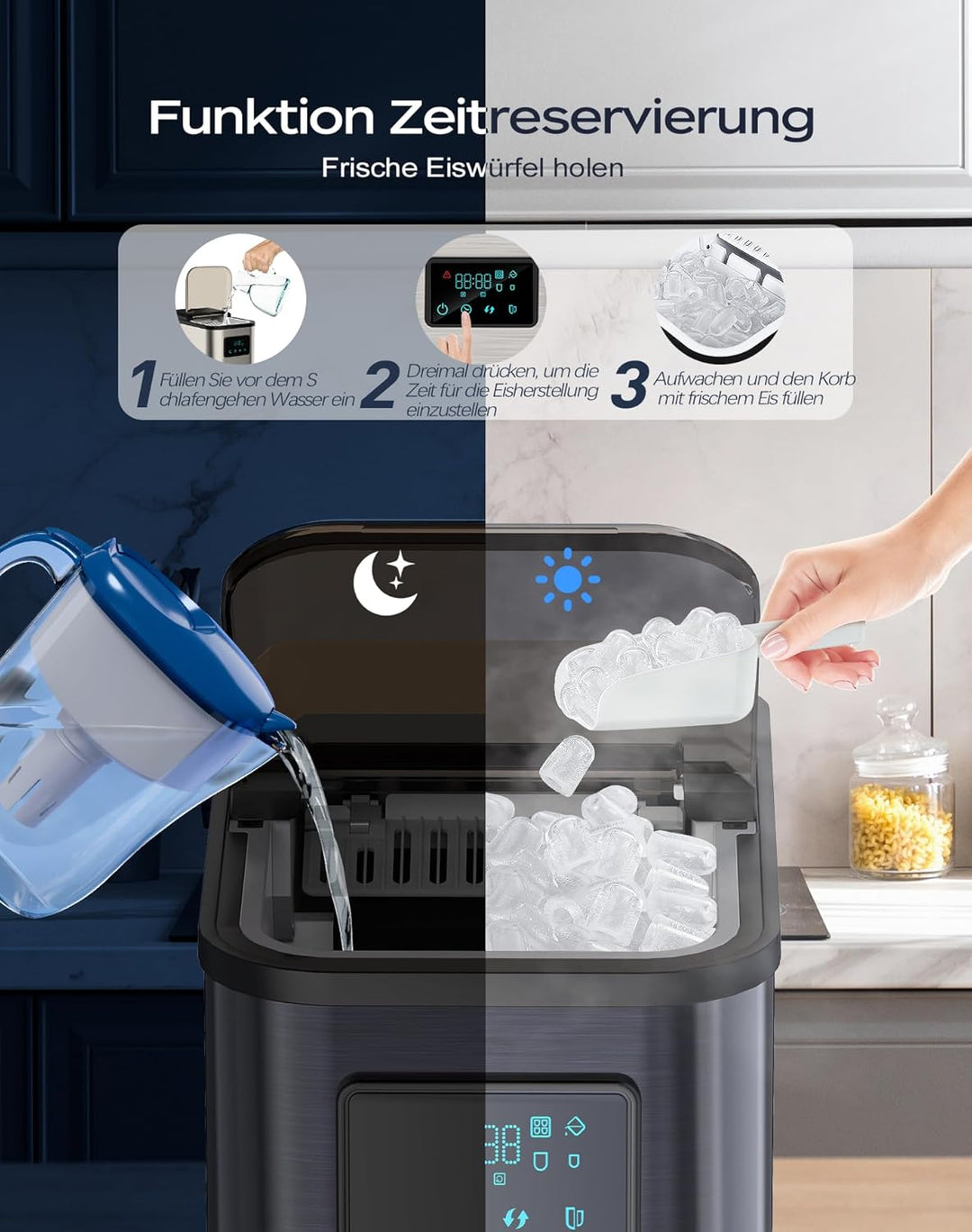 KeeGone Edelstahl Eiswürfelmaschine mit LED-Display Eismaschine Eiswürfelbereiter und Reinigungsfunk