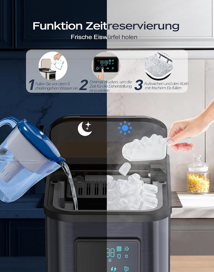 KeeGone Edelstahl Eiswürfelmaschine mit LED-Display Eismaschine Eiswürfelbereiter und Reinigungsfunk