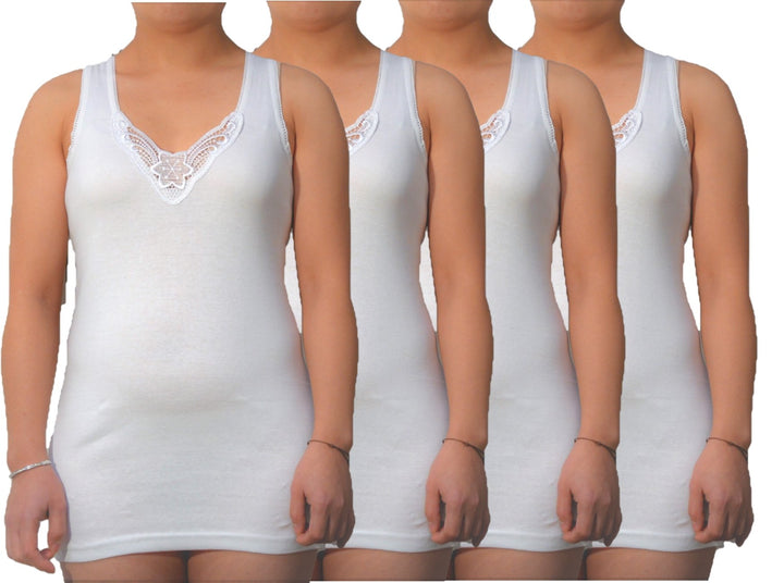 BestSale247 4 | 8 Stück Damen Unterhemden - Tank Top in Weiss extra-lang mit schöner Spitze aus 100%