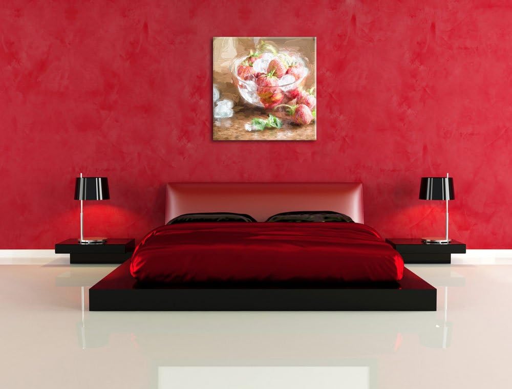 Pixxprint Frische Erdbeeren in Eiswürfeln Pinsel Effekt, Format: 70x70 auf Leinwand, 70x70