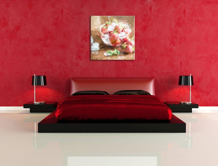 Pixxprint Frische Erdbeeren in Eiswürfeln Pinsel Effekt, Format: 70x70 auf Leinwand, 70x70