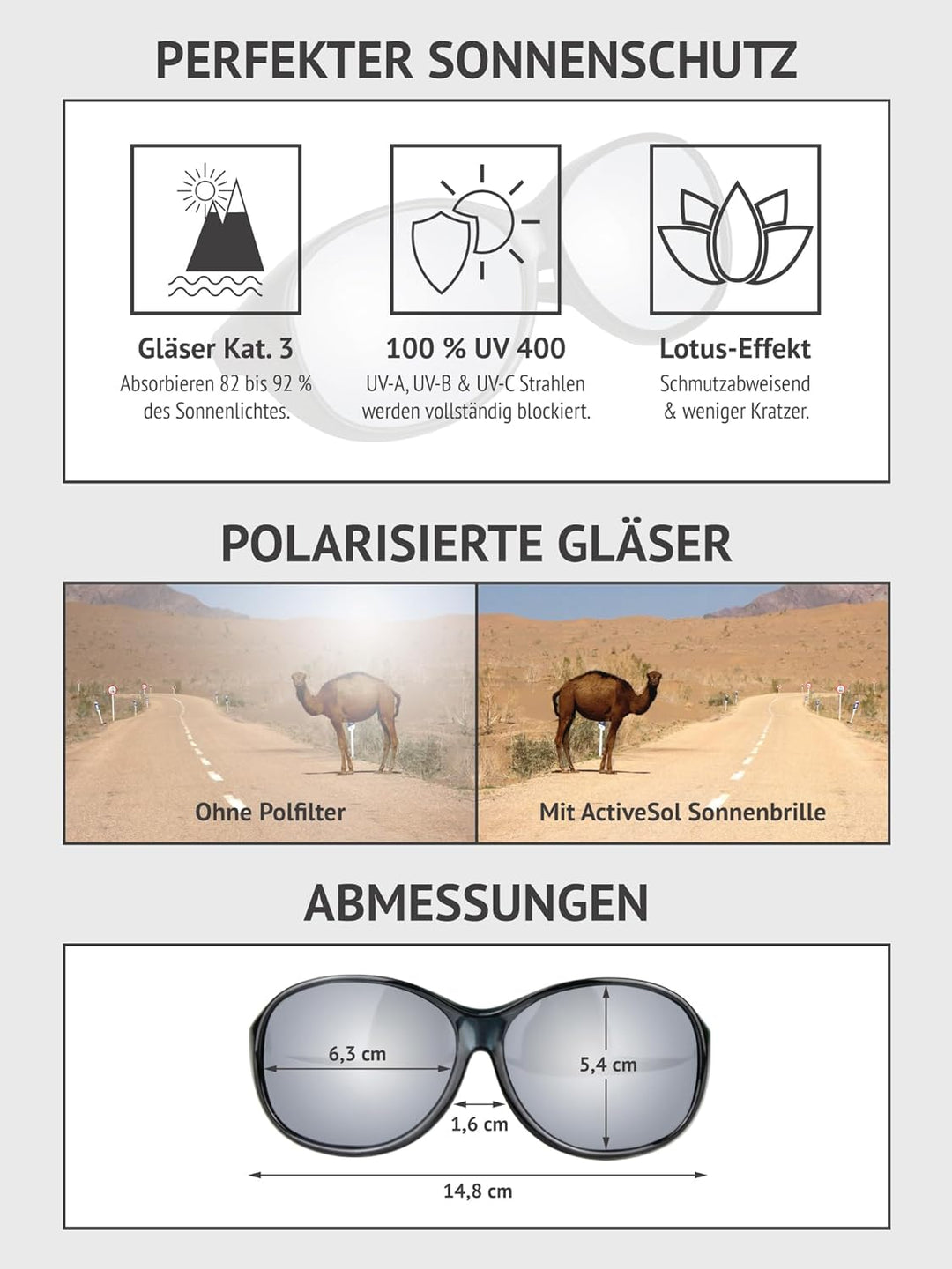 ActiveSol Überzieh-Sonnenbrille Mega, Damen, UV-Schutz, Polarisiert Schwarz | Weiss Verspiegelt, Sch