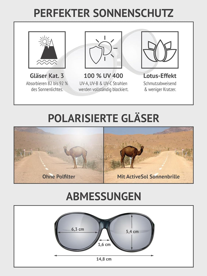 ActiveSol Überzieh-Sonnenbrille Mega, Damen, UV-Schutz, Polarisiert Schwarz | Weiss Verspiegelt, Sch