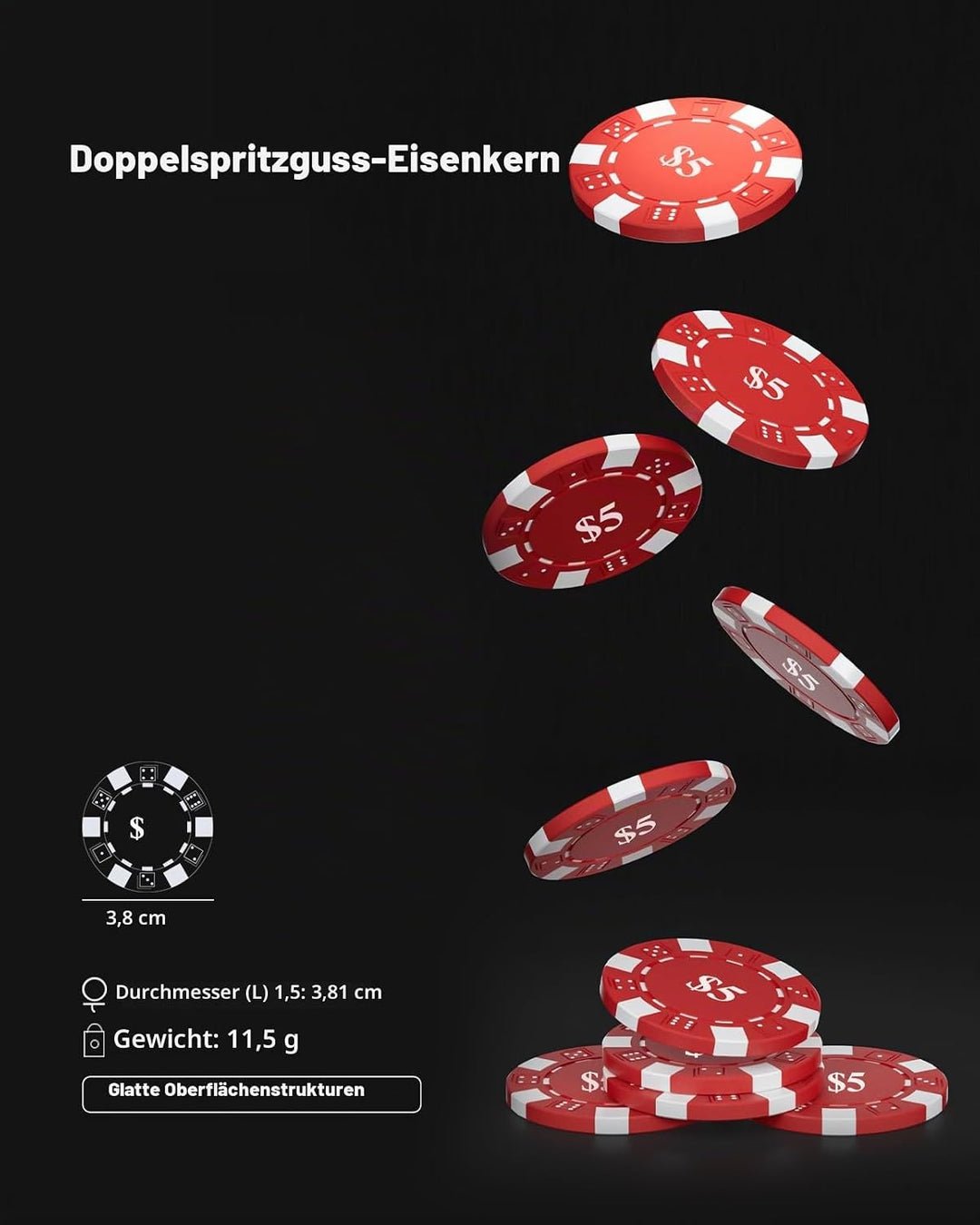 Pokerset, 100 Tragbare Spielchips mit Eisenkern, 11,5g Casino-Qualität, 5 Farben &amp; Spielwerten, für