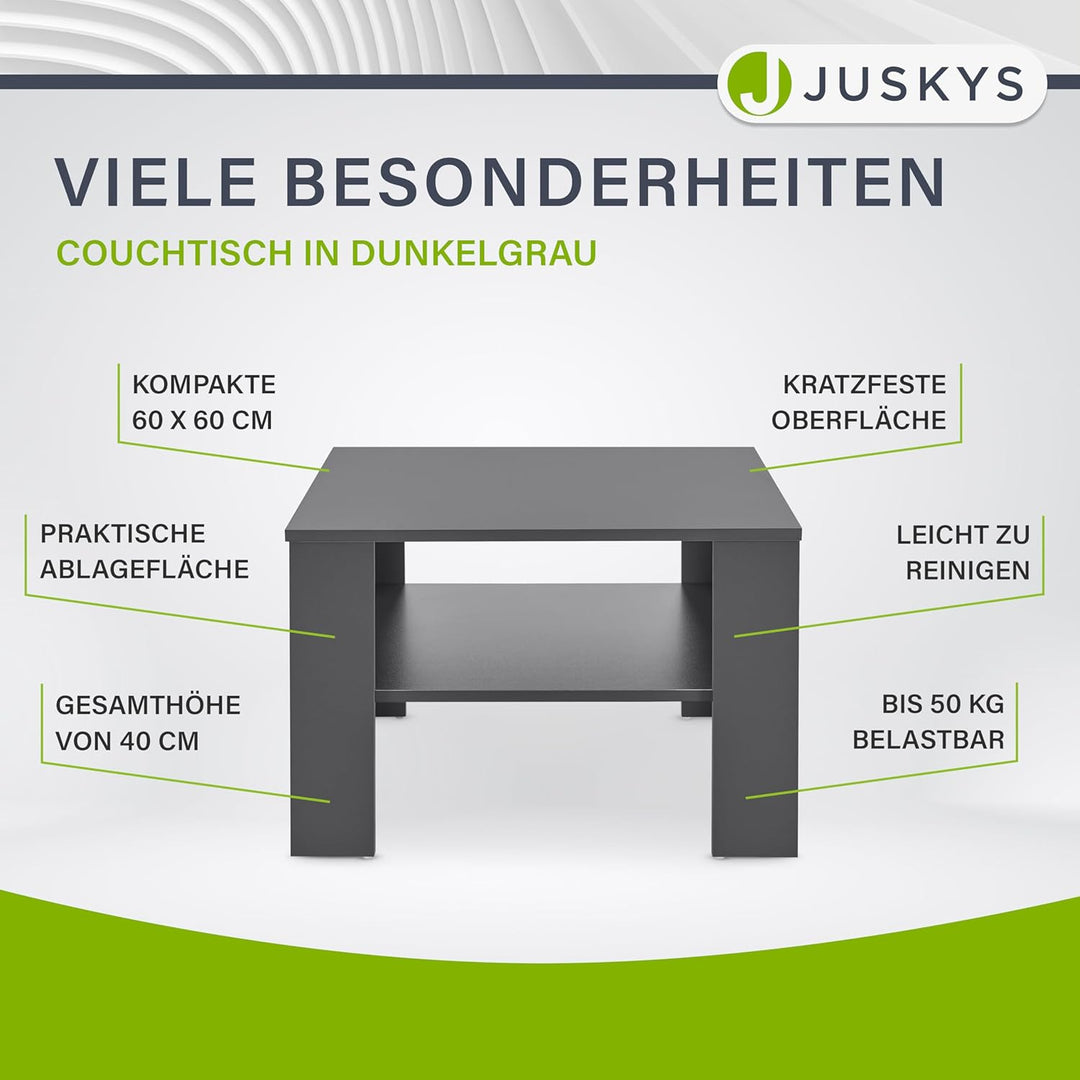 Juskys Couchtisch mit Ablage 60x60x40 cm - Holz, pflegeleicht, robust - Moderner Beistelltisch für Z