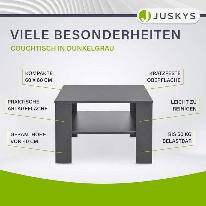 Juskys Couchtisch mit Ablage 60x60x40 cm - Holz, pflegeleicht, robust - Moderner Beistelltisch für Z