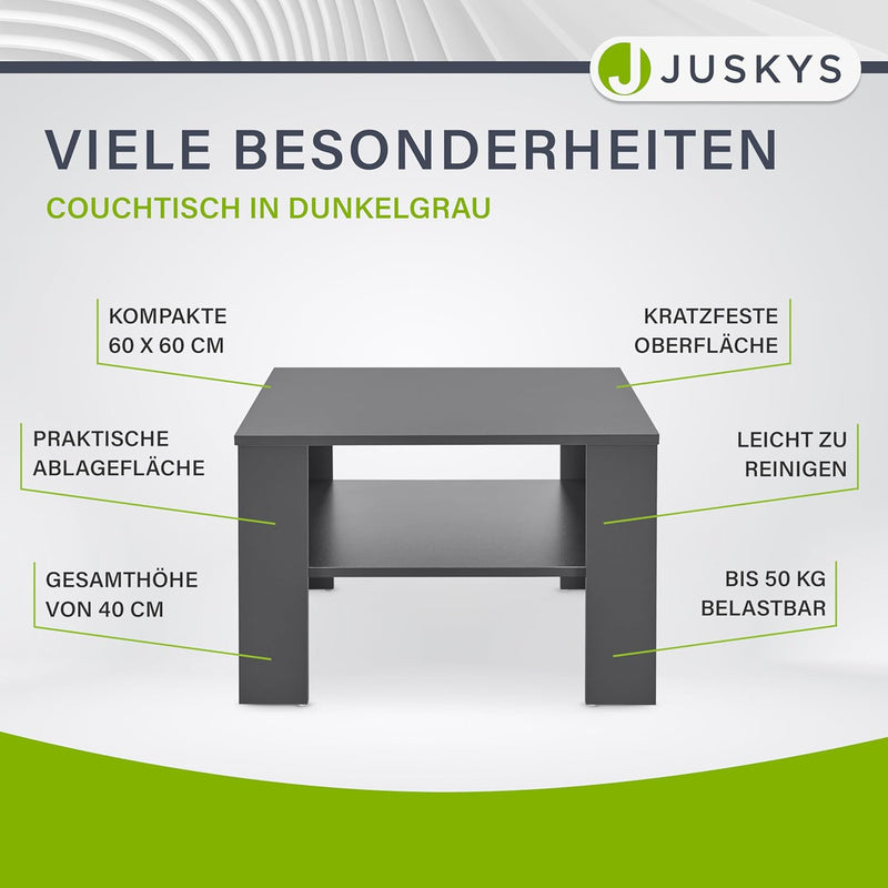 Juskys Couchtisch mit Ablage 60x60x40 cm - Holz, pflegeleicht, robust - Moderner Beistelltisch für Z