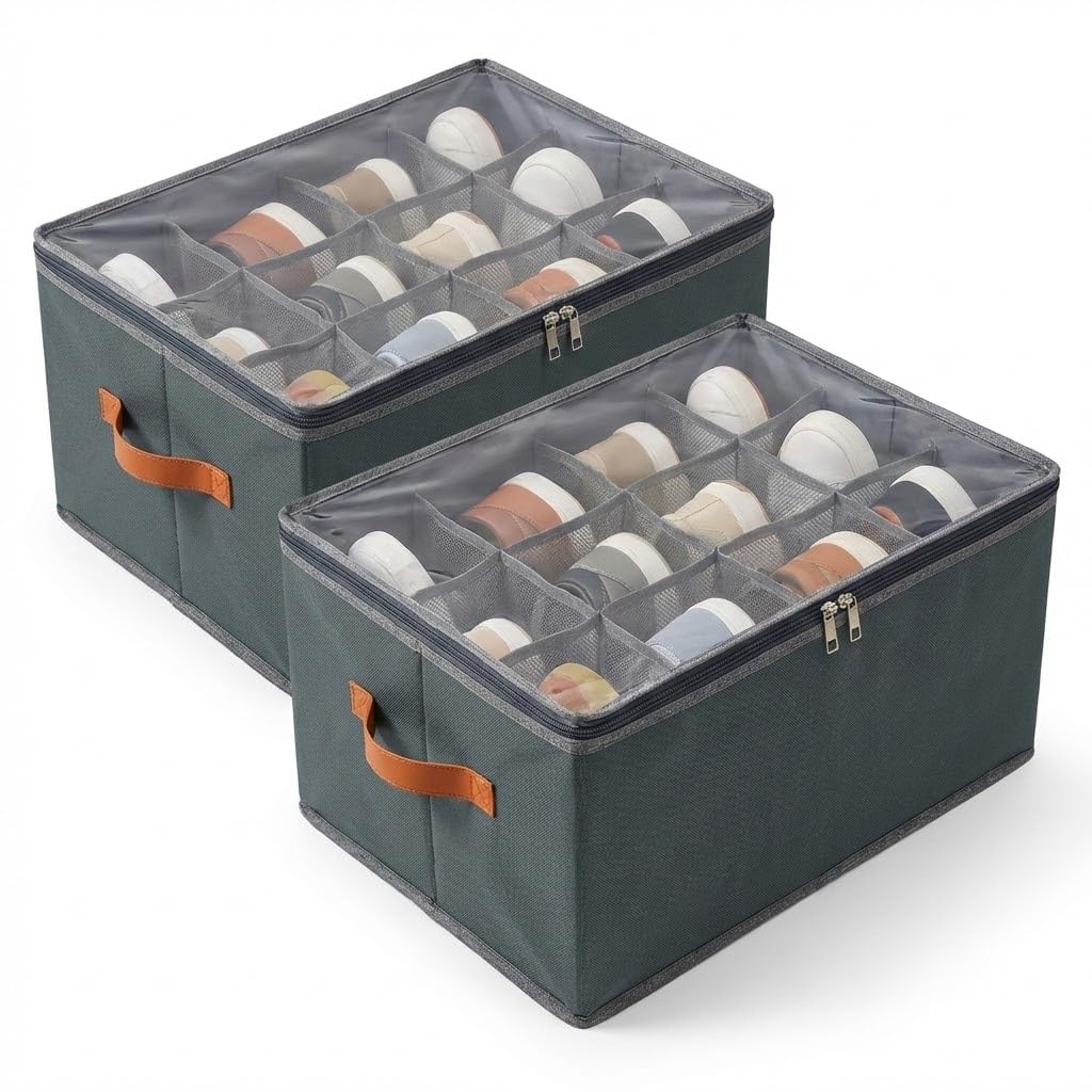 Schuhorganizer Set aus 2 Boxen, je mit 12 Fächern für bis zu 12 Paar Schuhe - Stabile Schuhaufbewahr