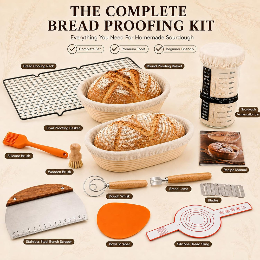 Sauerteig Starter Set 14-teilig, Gärkörbchen 23cm Rund &amp; 25cm Oval | Brot Backen Zubehör mit Gärkörb