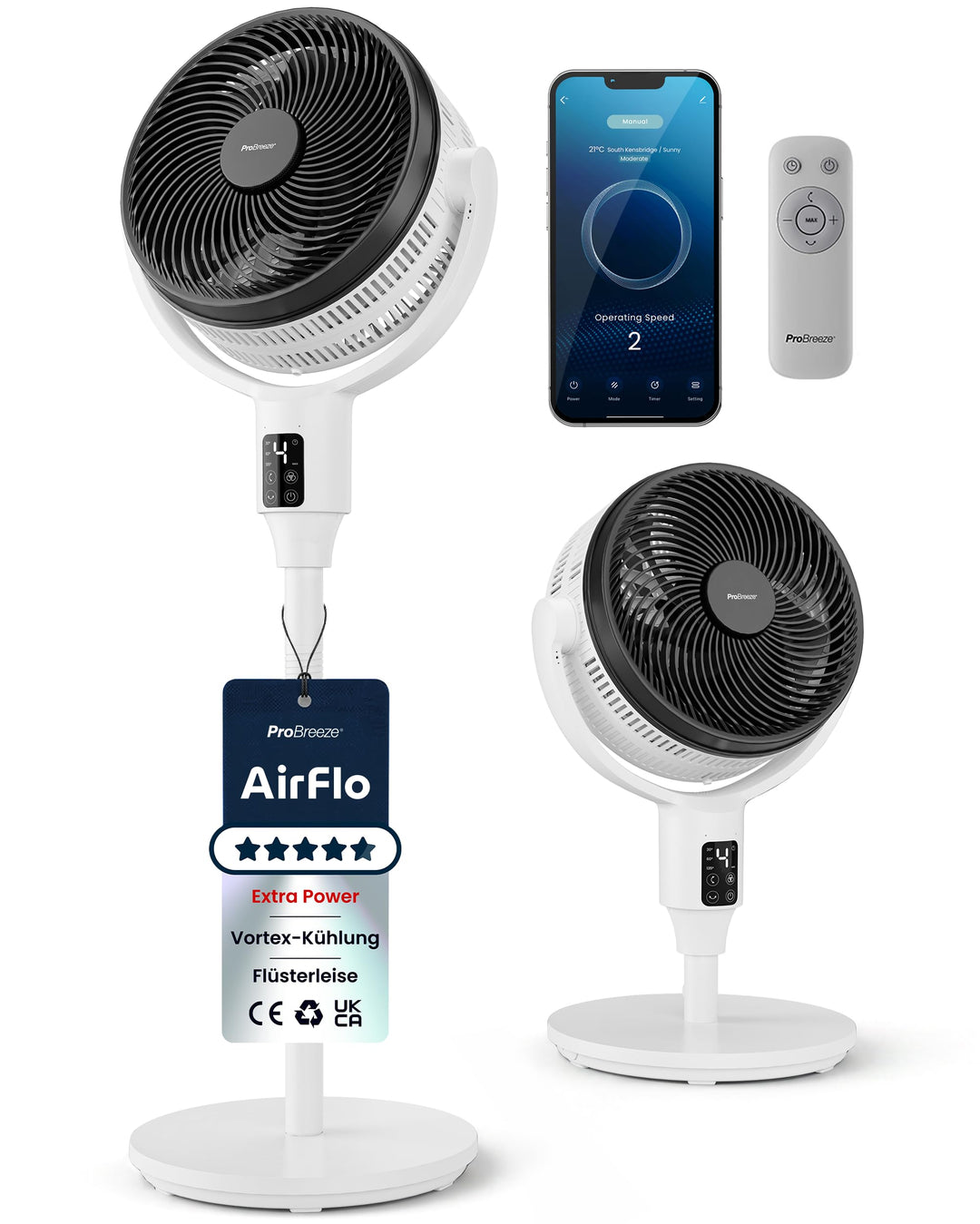 Pro Breeze AirFlo Plus Smart Standventilator 111 cm – 75% stärkerer Luftstrom, leise 29 dB, 2-in-1 S