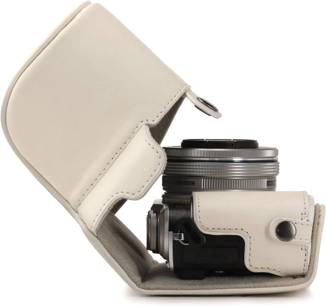 MegaGear MG1455 Olympus PEN E-PL9 (14-42mm) Ever Ready Leder Kamera-Case mit Trageriemen - Weiss, We