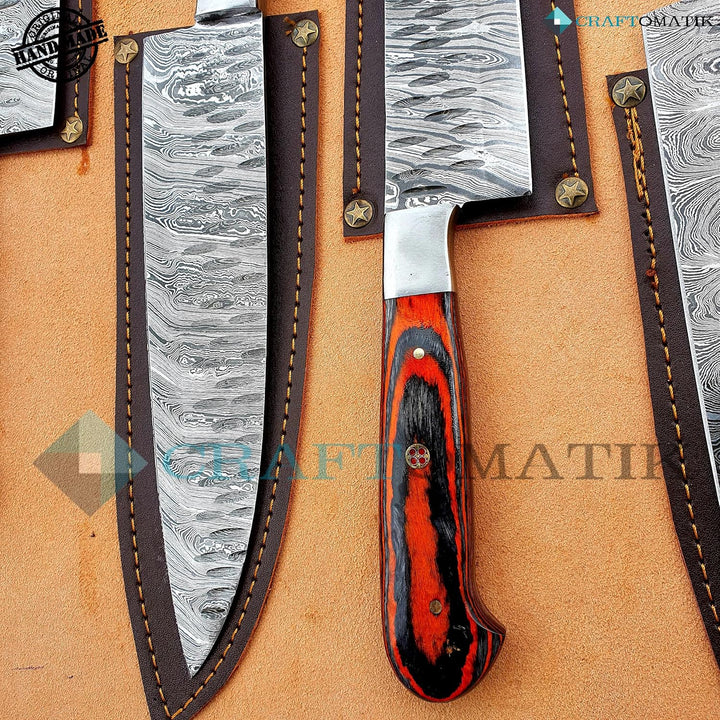 Damast Stahl Chef Set| Küchenmesser Set Camping Grill Besteck Geschenkset mit Ledermesserrolle | Koc