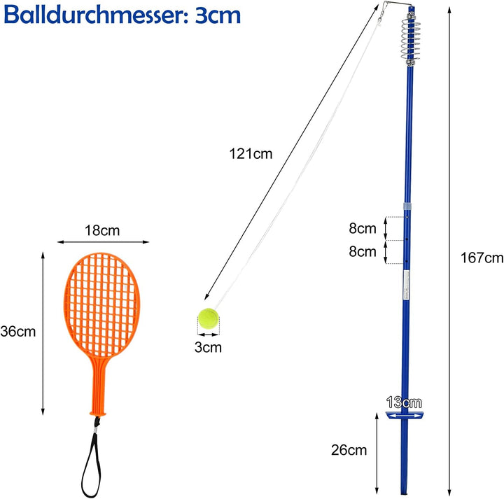 GYMAX Tetherball Set, 3-stufig höhenverstellbares Twistball Set, inkl. 1 Tennisball & 2 Schlägern &