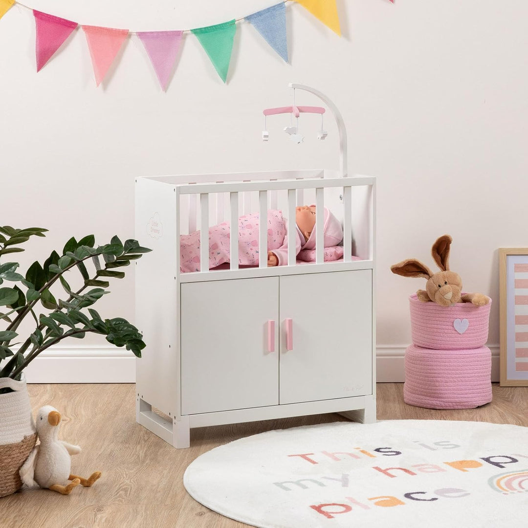 Puppenbett Cozy mit Schrank und Mobile aus Holz (Weiss-Rosa)
