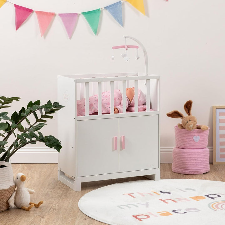 Puppenbett Cozy mit Schrank und Mobile aus Holz (Weiss-Rosa)
