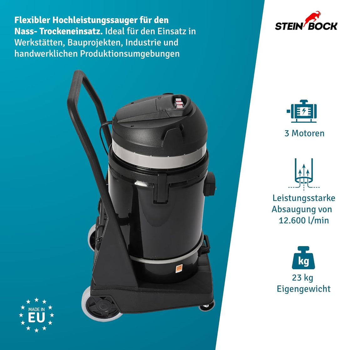 Steinbock Industriesauger nass & trocken| 3.300 Watt | 72 l Fassungsvermögen | mit 3 leistungsstarke
