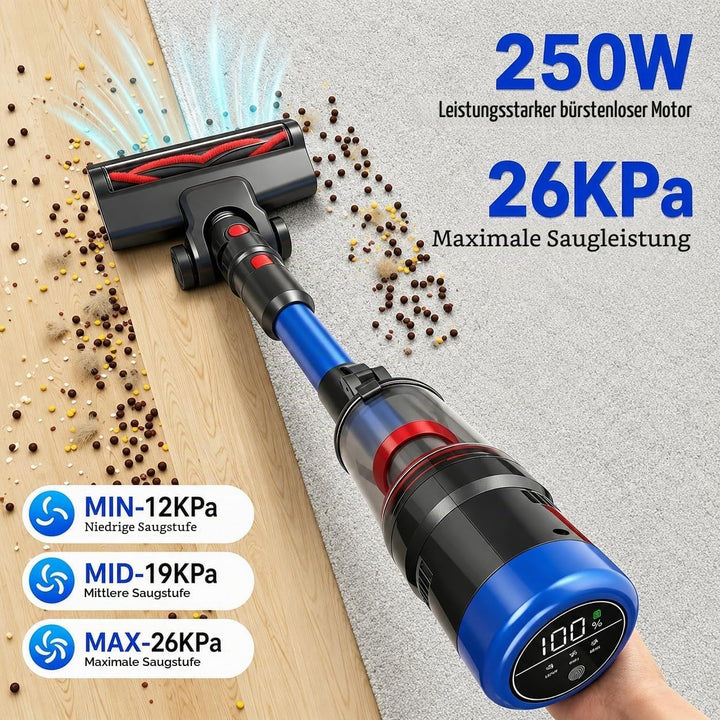 Akku Staubsauger, 26000Pa/250W/60 Mi/3 Geschwindigkeitsstufen, HEPA-Filter, motorisierte Milbenbürst