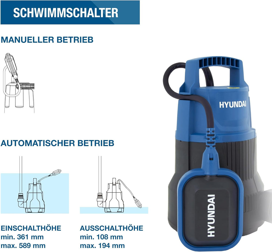 HYUNDAI Klarwasser-Tauchpumpe TP40009C | flachsaugend | 400 W, Fördermenge 9.000 l/h, | Eintauchtief