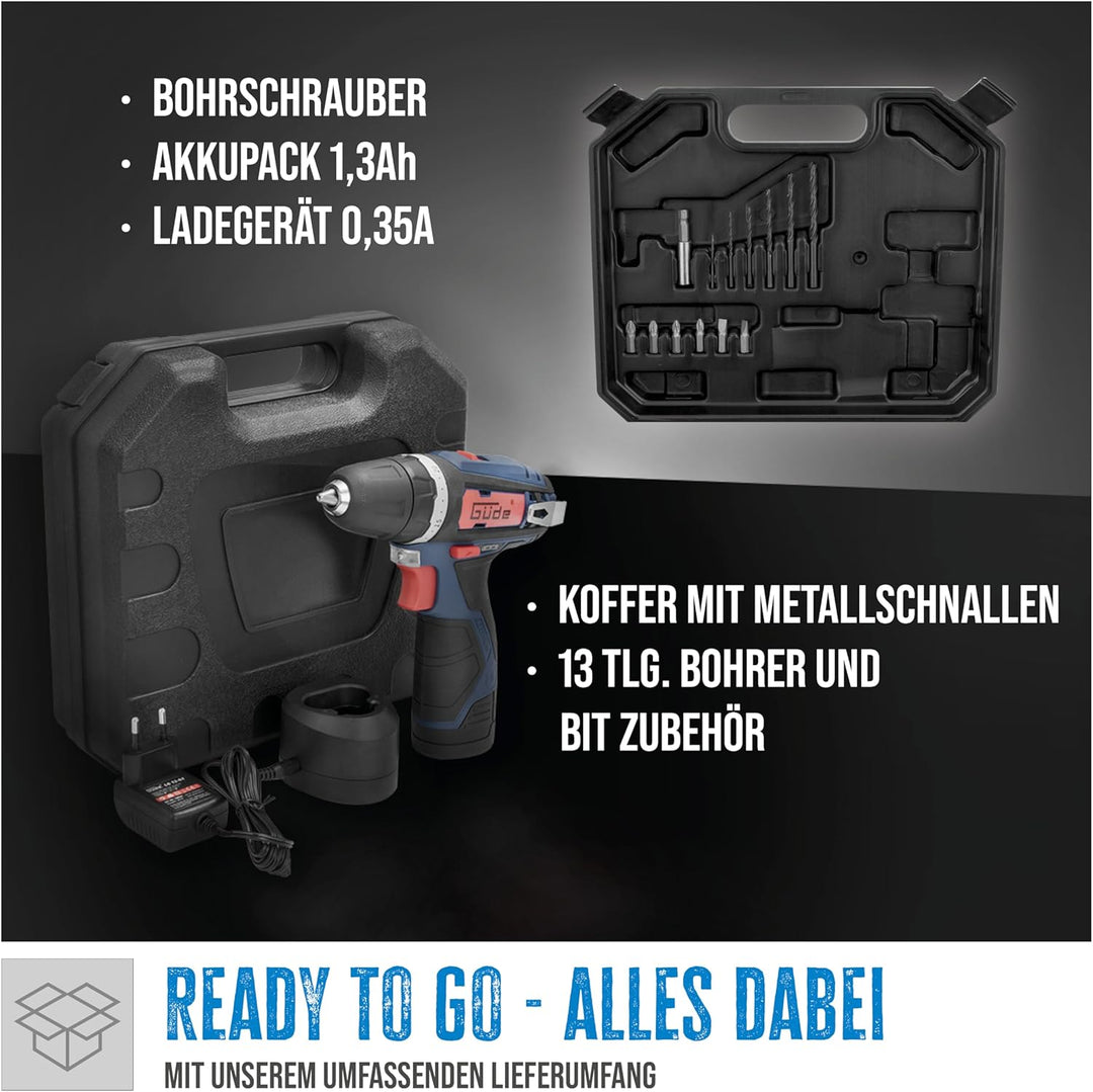 Güde 58601 BS 12-131-04K Akku Bohrschrauber (12V, 20+1 Drehmomentstufen, 6x HSS Bohrer, 6x CR-V Bits