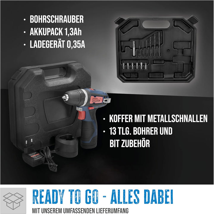 Güde 58601 BS 12-131-04K Akku Bohrschrauber (12V, 20+1 Drehmomentstufen, 6x HSS Bohrer, 6x CR-V Bits