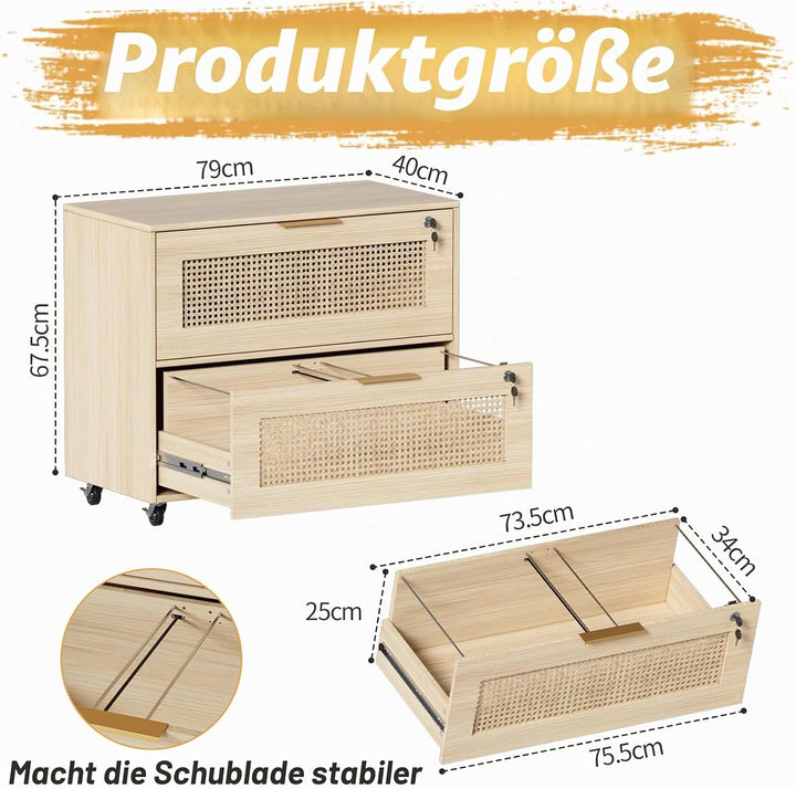 Rollcontainer Rattan, Büroschrank Abschliessbar, Mobiler Aktenschrank mit 4 Rollen, Ordnerschrank mi